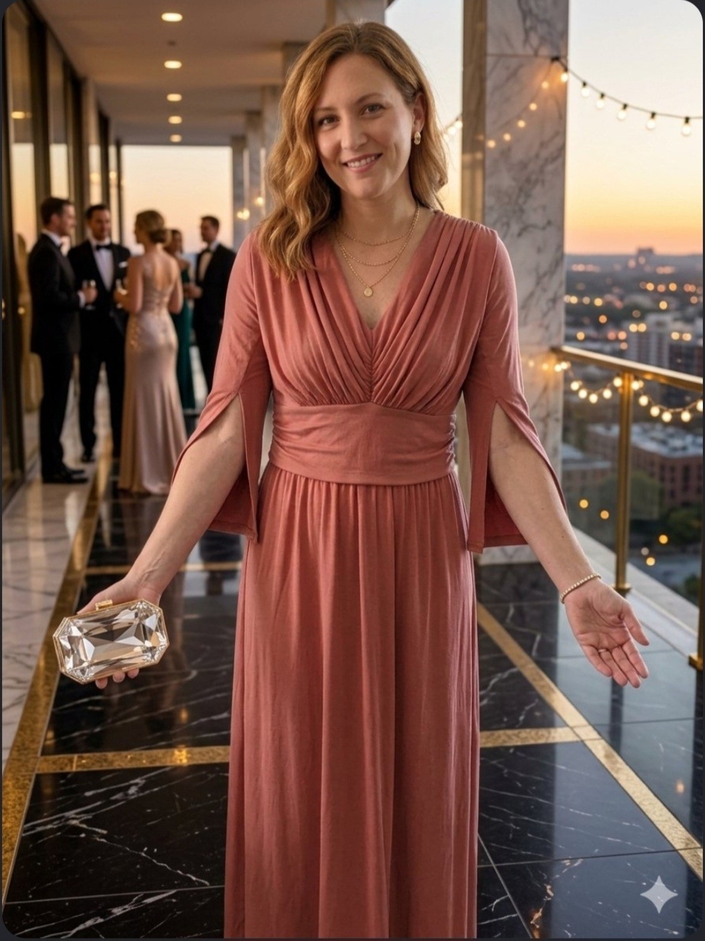 Elegant V-Neck Split-Sleeve Evening Gown in Dusty Rose